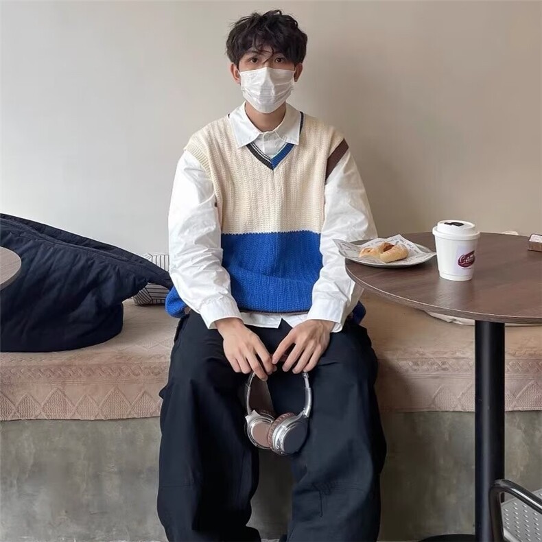 3130-P44无袖v领针织背心男春秋款外穿马甲ins原宿风撞色日系,男装背心/马甲,电商B323A