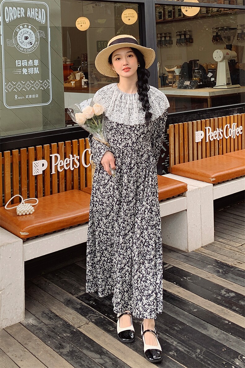 法式复古蕾丝领边花裙女2025春季新款收腰显瘦气质女神范长连衣裙,女装连衣裙,浙宝276（原081）