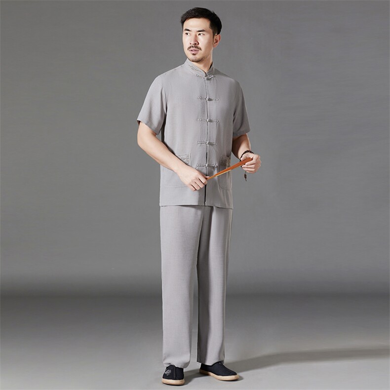 中老年棉麻套装高档唐装太极服中式刺绣立领短袖风时尚男夏装,男装中老年男装,钱塘723