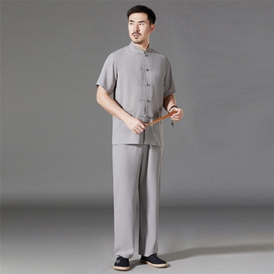 中老年棉麻套装高档唐装太极服中式刺绣立领短袖风时尚男夏装图片