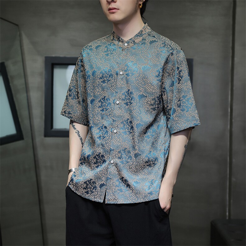 新中式立领风潮T恤短袖高品质刺绣汉服时尚提花T2402-P58,男装T恤,电商A227