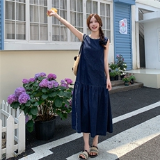 韩系轻薄无袖牛仔背心裙女2025夏民族花边宽松显瘦减龄纯欲连衣裙，女装连衣裙，2C159