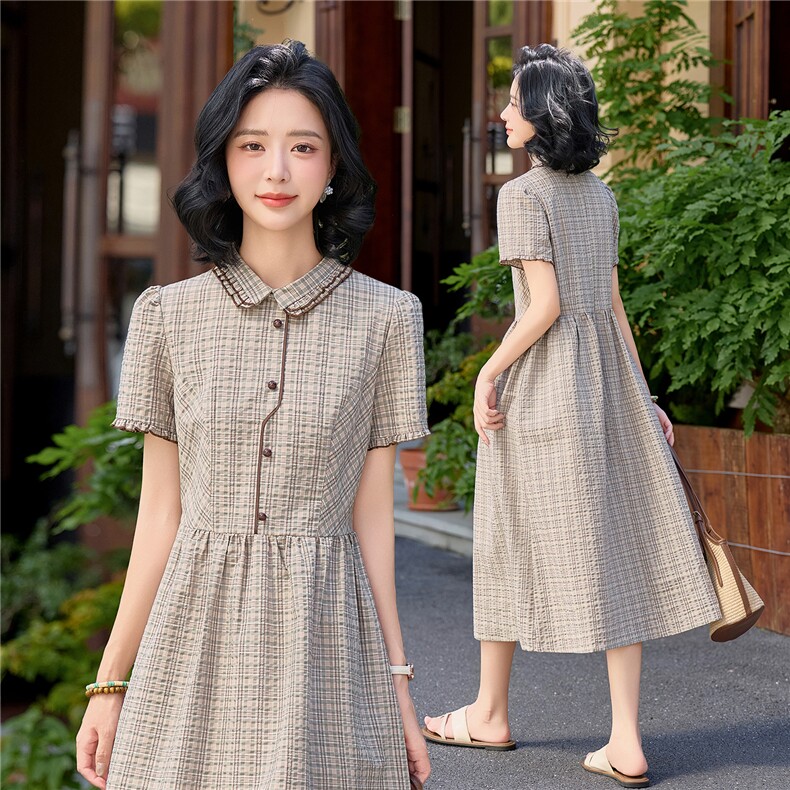 学院风格纹连衣裙女春夏收腰显瘦中长裙格子裙子,女装连衣裙,水衣源