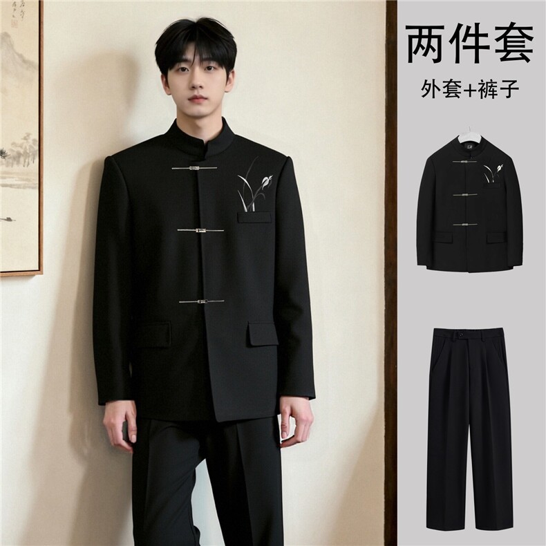 新中式中山装订婚男痞帅风立领西装套装高级感新郎婚礼西服唐装,男装西服套装,星座601-1