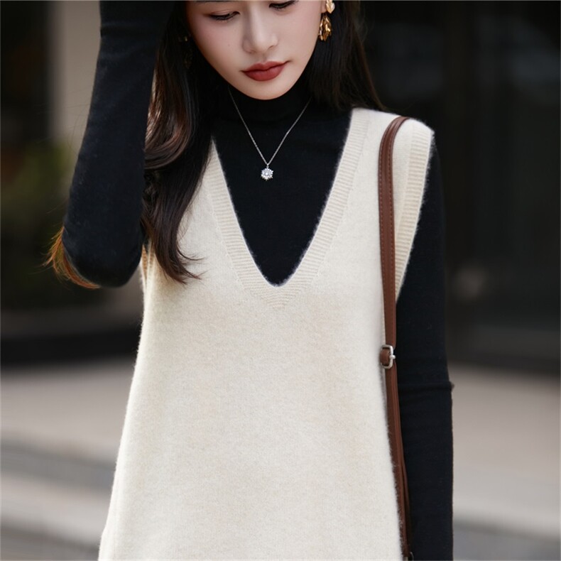 法式高端慵懒风100纯羊毛针织马甲女叠穿背心宽松毛衣坎肩25新款，女装羊毛衫，迅太羊绒