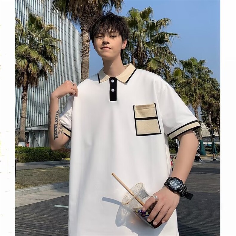 潮潮流POLO衫男2023夏季时尚纯色日系简约五分袖新款WB042-P30,男装Polo衫,星座412-2