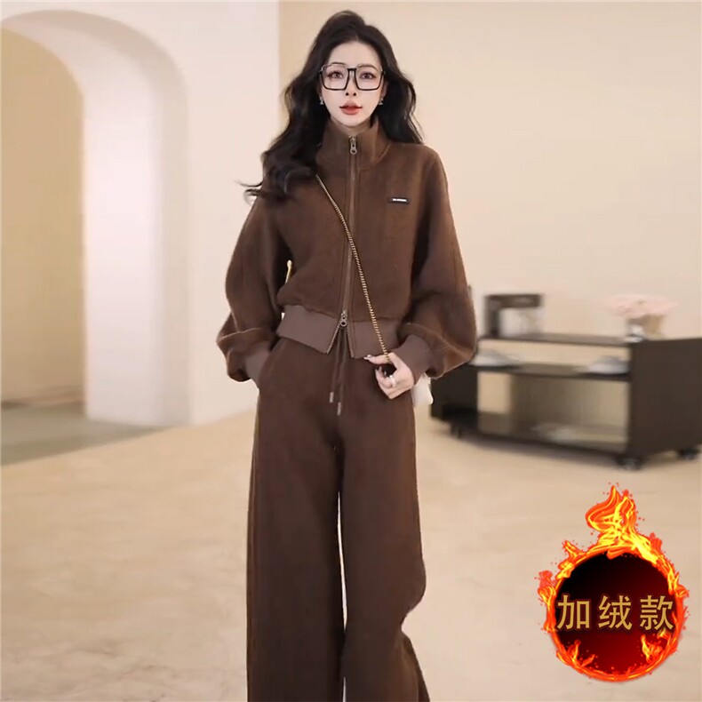女秋冬新款高级感休闲时尚套装减龄显瘦拉链开衫外套阔腿裤两件套,女装套装/套裙,江南