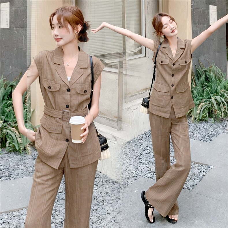 《现货26夏上新》大量现货100%亚麻条纹透气时尚长裤两件套装女,女装套装/套裙,时尚风爆