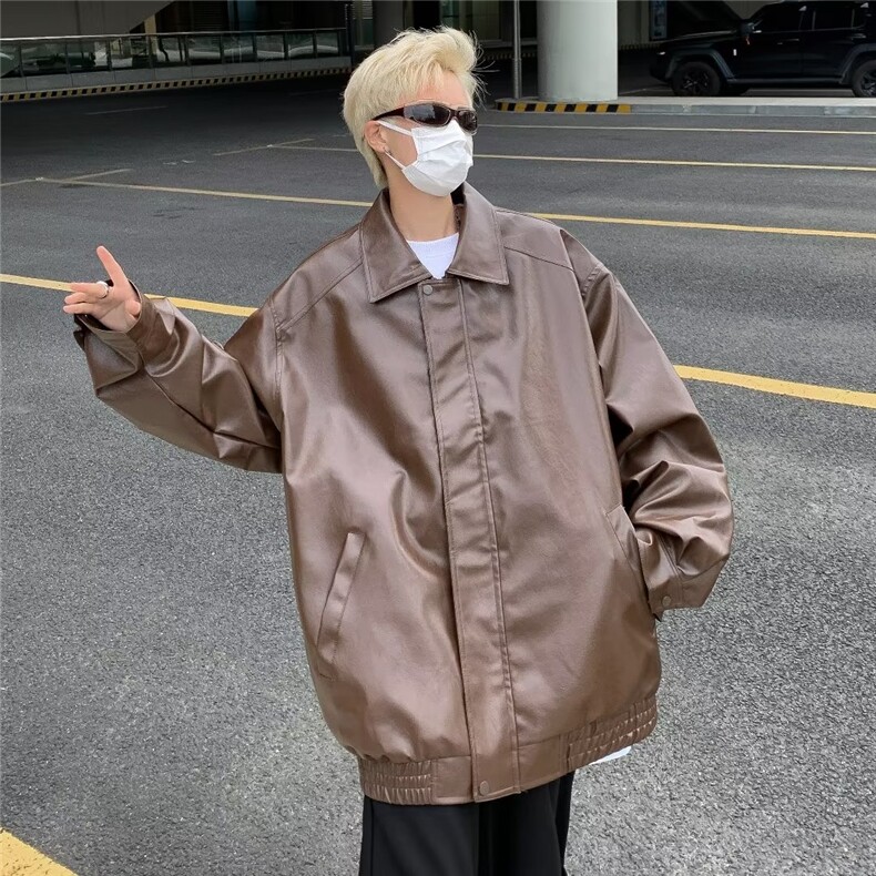 港风复古pu皮夹克秋冬痞帅设计感高街工装男宽松潮流皮衣外套,男装夹克,星座716-2