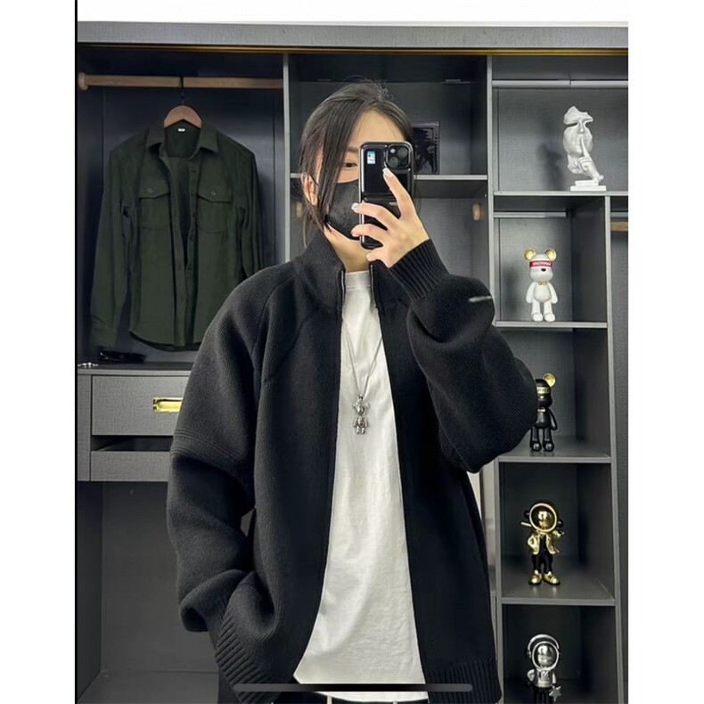 简约百搭纯色重磅拉链休闲宽松毛衣美拉德针织立领开衫ZZS104P65,男装针织衫/毛衣,电商D256A(原A064A)