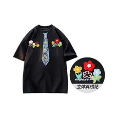 万针全刺绣解构设计260克重磅双纱纯棉高品质美式高街短袖T恤特35，男装T恤，电商A486