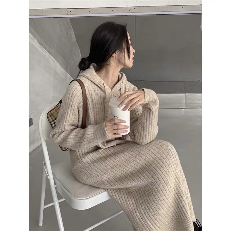 中长款宽松过膝连衣裙慵懒风加厚连帽毛衣针织打底衫,女装连衣裙,思途羊绒