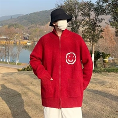 笑脸提花红色毛衣外套男春冬宽松慵懒风拉链针织开衫MZ427-P64，男装针织衫/毛衣，星座412-3