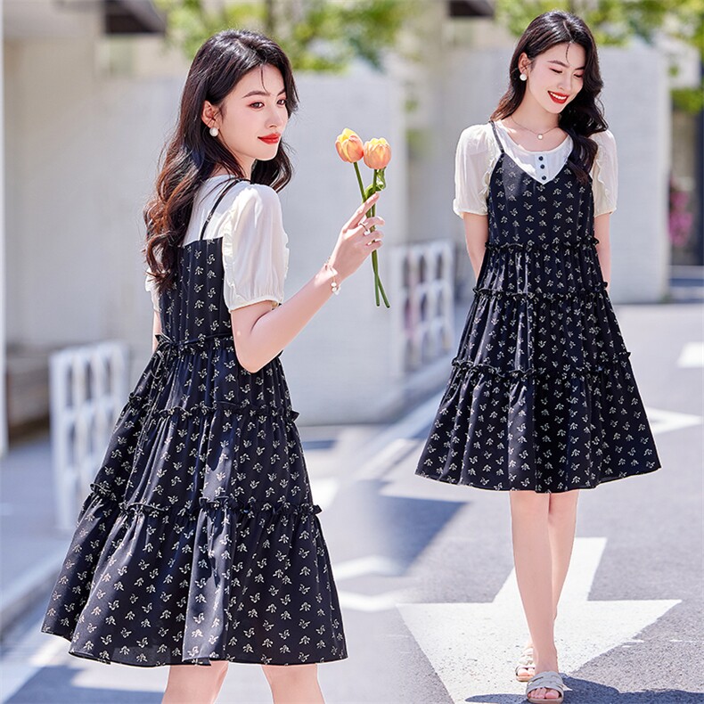 甜美减龄显瘦小个子碎花裙女夏新款轻薄a字裙泡泡袖假两件连衣裙，女装连衣裙，梦芯尔