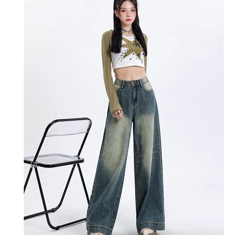 小个子美式复古牛仔裤女秋季做拖地长裤宽松直筒阔腿裤DD183/P50，女装牛仔裤，星座506A