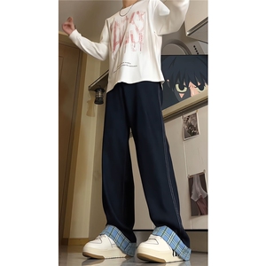 拼接卷边格子牛仔裤男设计感小众阔腿直筒拖地裤子潮牌KZ011P55