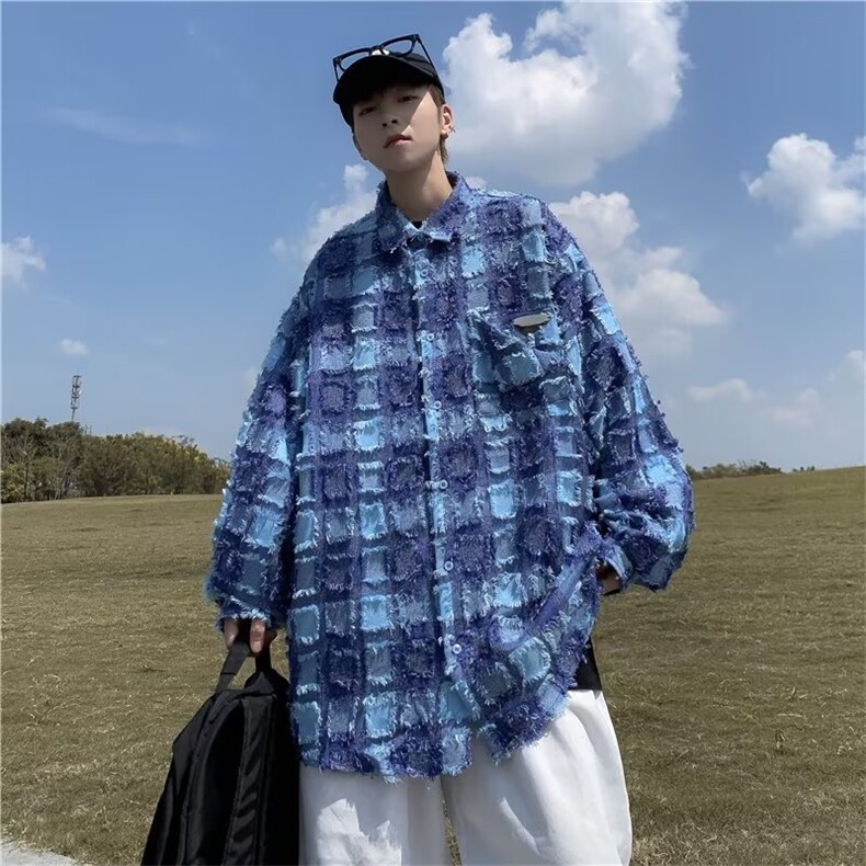 格子长袖衬衫男春秋款高级感潮牌痞帅衬衣外套美式复古设计感上衣,男装衬衫,星座601-2