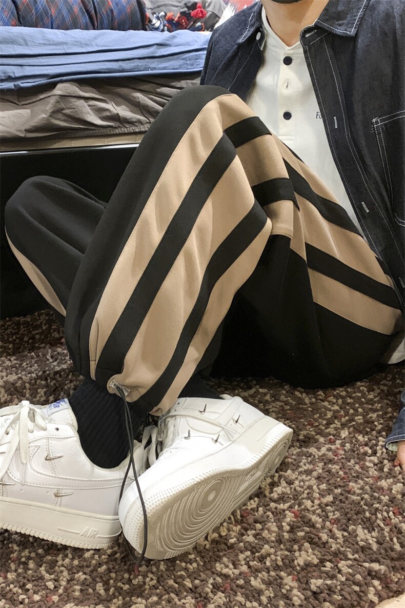 2024春新款学院风撞色条纹阔腿裤抽绳束脚运动裤KZ11-P50控79,男装休闲裤,星座914-3
