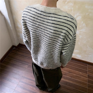 秋冬撞色条纹软糯毛衣男女中性潮牌百搭圆领情侣针织衫MY9592图片