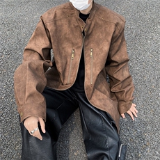 立领机车2024外套男垫肩皮衣春秋美式痞帅青铆钉复古做旧PU皮夹克，男装夹克，星座505-2（原电商A260-1)