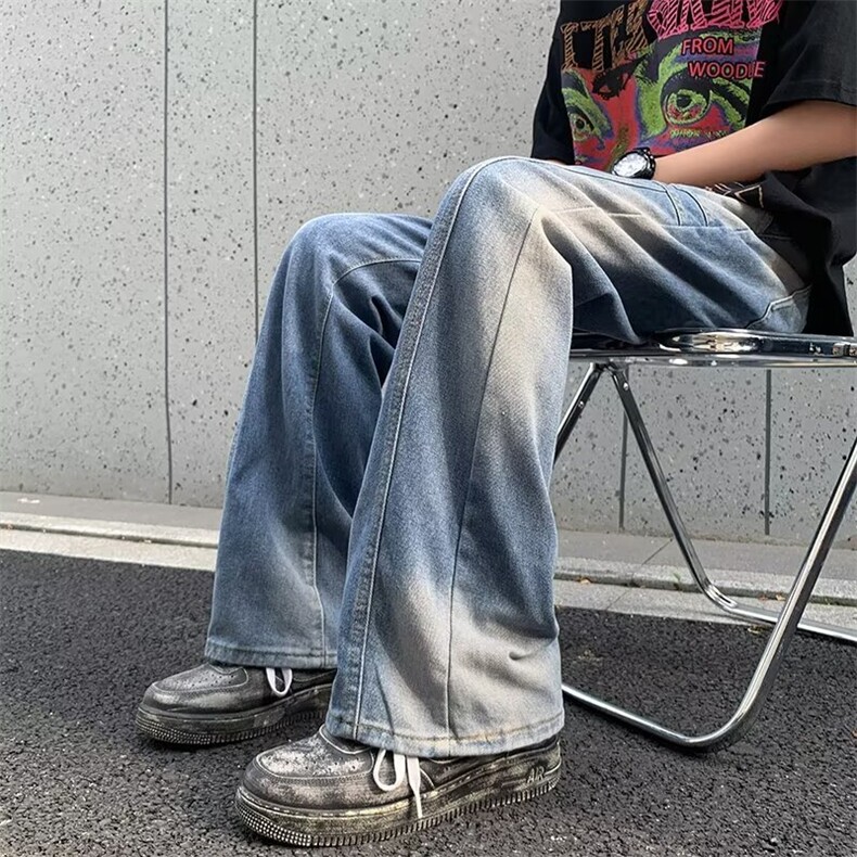 男装美式复古水洗伐木工装裤男设计感潮牌宽松微喇叭牛仔裤新款,男装牛仔裤,星座1013