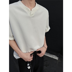 250克法螺纹 肌理感亨利领夏季男士设计感短袖V领T恤大码 P22图片