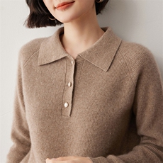 山羊绒衫女士POLO领毛衣秋冬加厚套头半开翻领内搭针织打底衫上衣，女装羊绒衫，蒂暖羊绒
