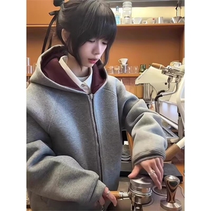 2025新款短款连帽卫衣开衫男女春秋美式潮牌重磅撞色情侣帽衫外套图片