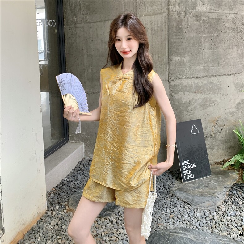 新中式国风盘扣立领马甲短裤两件套女2025夏季新款时尚气质套装潮,女装套装/套裙,2C135