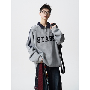 美式复古Polo领卫衣大码秋季重磅刺绣条纹上衣撞色外套WY5113/P65图片