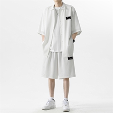 2024夏季潮流宽松冰丝短袖衬衫套装男薄款TZ005-特批-60，男装衬衫，星座718-1
