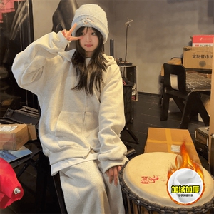 480G重磅加绒硬挺boxy男女秋冬美式高街结构双拉链开衫卫衣厚外套图片