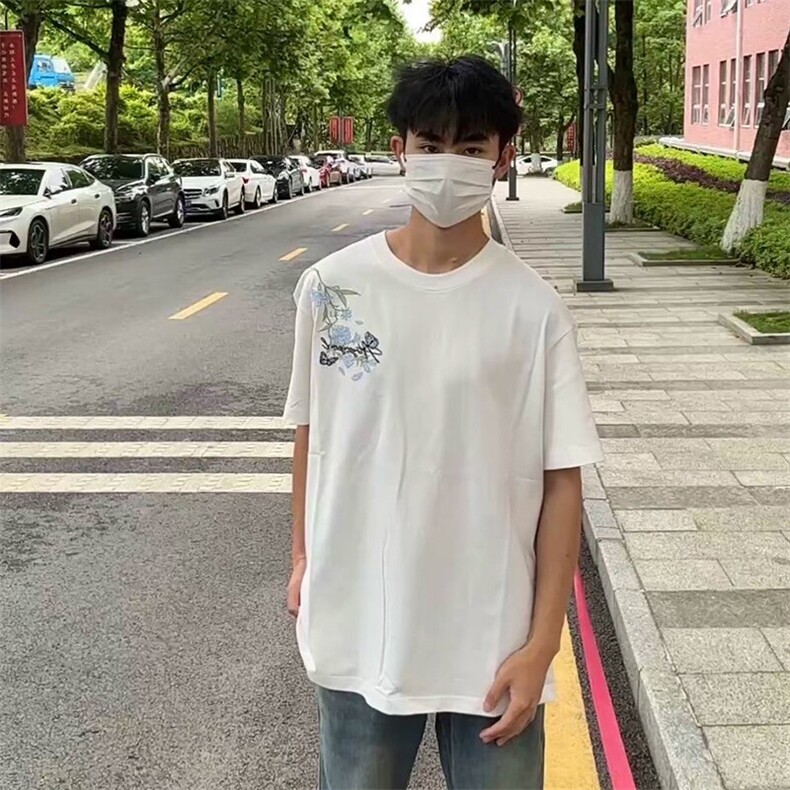 万针全刺绣解构设计260克重磅双纱纯棉高品质美式高街短袖T恤特35,男装T恤,电商A486