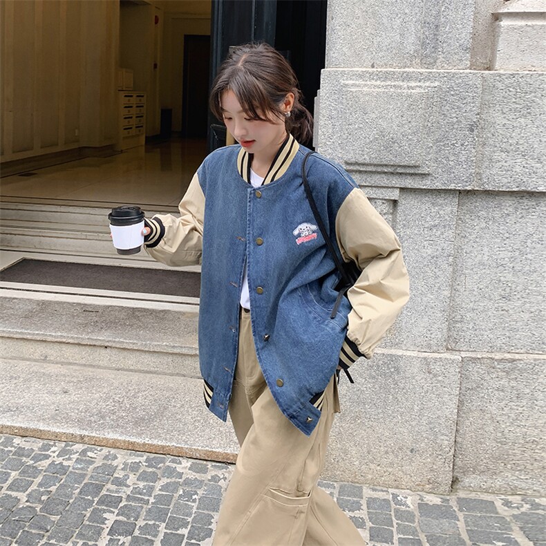 美式复古休闲夹棉牛仔外套女春秋季宽松百搭bf慵懒风棒球服夹克潮,女装牛仔外套,天使之佳话