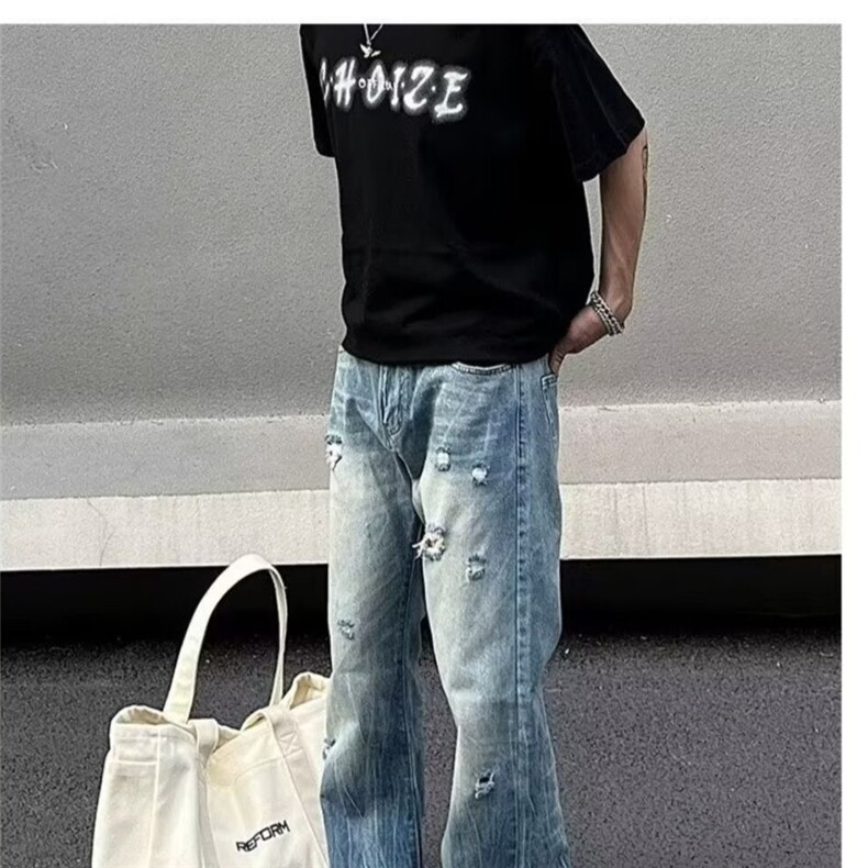 新款冰蓝落色闪电纹微喇复古水洗牛仔裤男宽松直筒长裤潮,男装牛仔裤,星座813-2