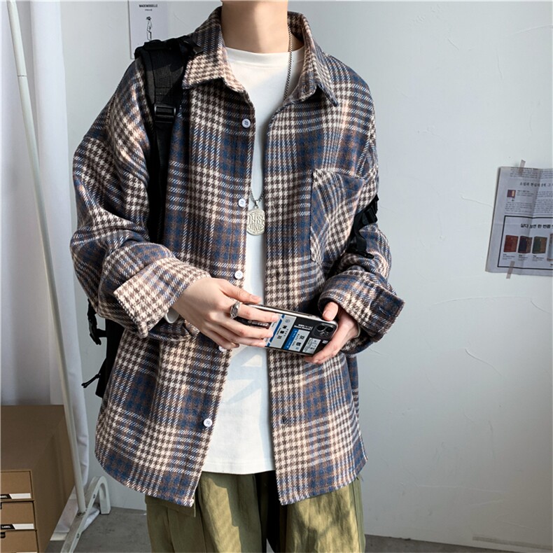 ins日系港风宽松休闲格纹长袖男装磨毛格子衬衫衬衣W554-P45,男装卫衣,星座512-2
