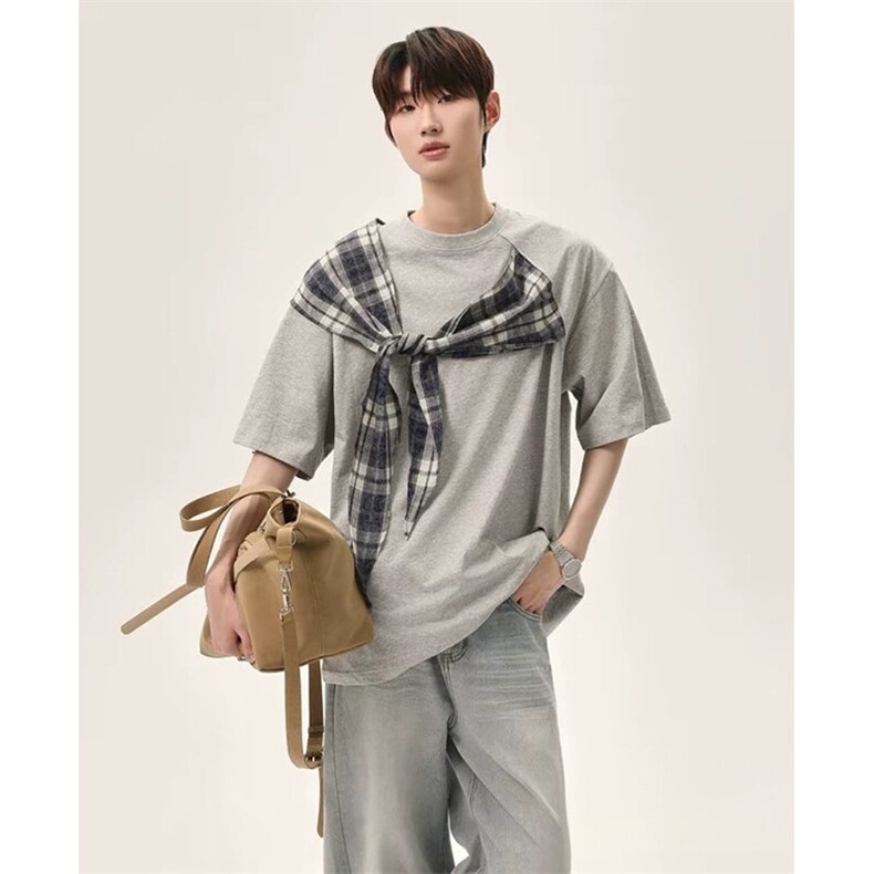 拼接格子布装饰高品质260克双纱纯棉美式高街短袖T恤特P35，男装T恤，电商A486