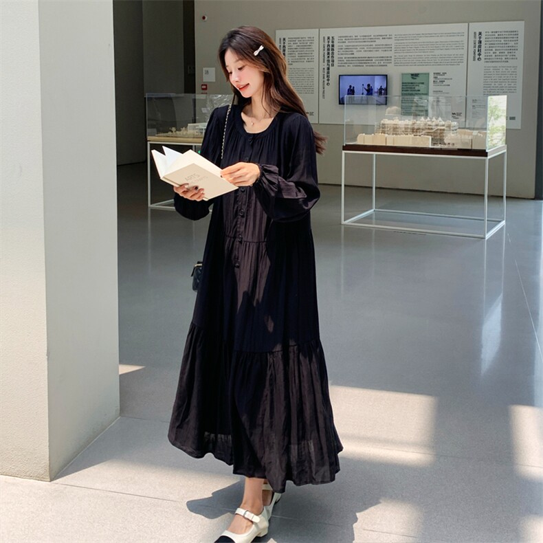 法式甜美赫本风圆领连衣裙女2025春秋季新款韩版宽松显瘦气质长裙,女装连衣裙,2C158