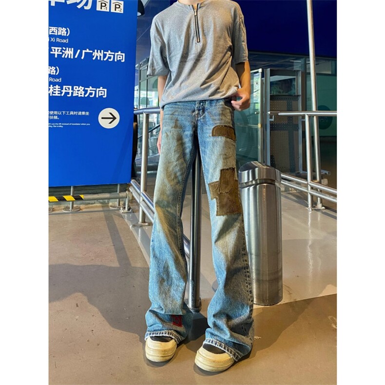 803-P63贴布微喇牛仔裤男潮美式高街vibe宽松喇叭休闲裤子长裤,男装牛仔裤,电商B323A
