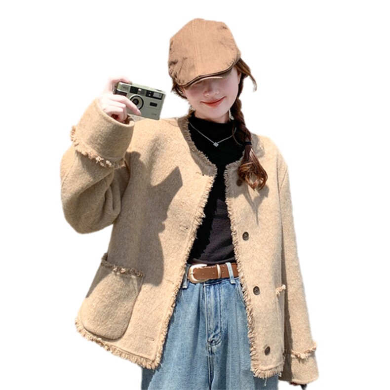 法式温柔风双面羊毛短款大衣女冬季2025新款轻奢小香风毛呢外套,女装双面呢大衣,艾米莉亚
