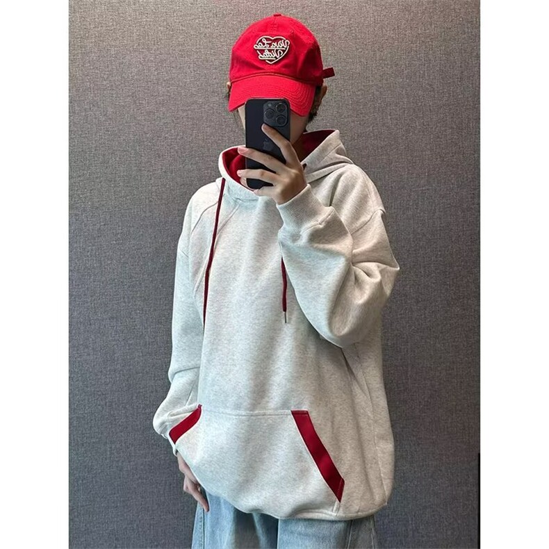 HK04-P43 美式复古撞色男女休闲连帽卫衣外套女春秋季宽松图片
