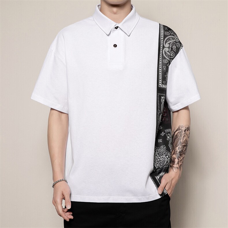 M-6XL夏装新款港风复古潮民族风拼接大码POLO衫男PL37p45，男装民族服装，电商A018