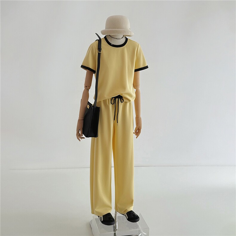 高级感休闲运动套装女夏洋气显瘦圆领拼接短袖上衣阔腿长裤两件套,女装套装/套裙,江南