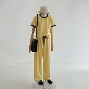 高级感休闲运动套装女夏洋气显瘦圆领拼接短袖上衣阔腿长裤两件套图片