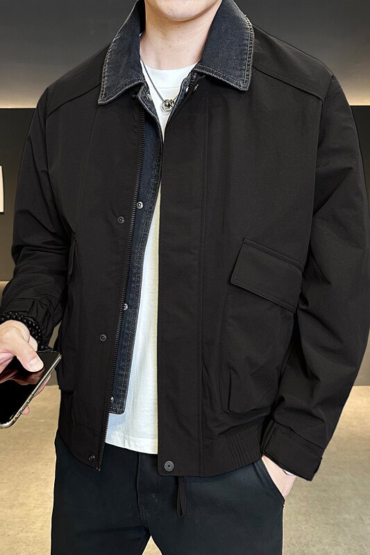 秋季牛仔翻领拼接假两件夹克男休闲百搭外套潮流上衣,男装夹克,电商A239