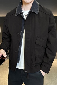 秋季牛仔翻领拼接假两件夹克男休闲百搭外套潮流上衣图片