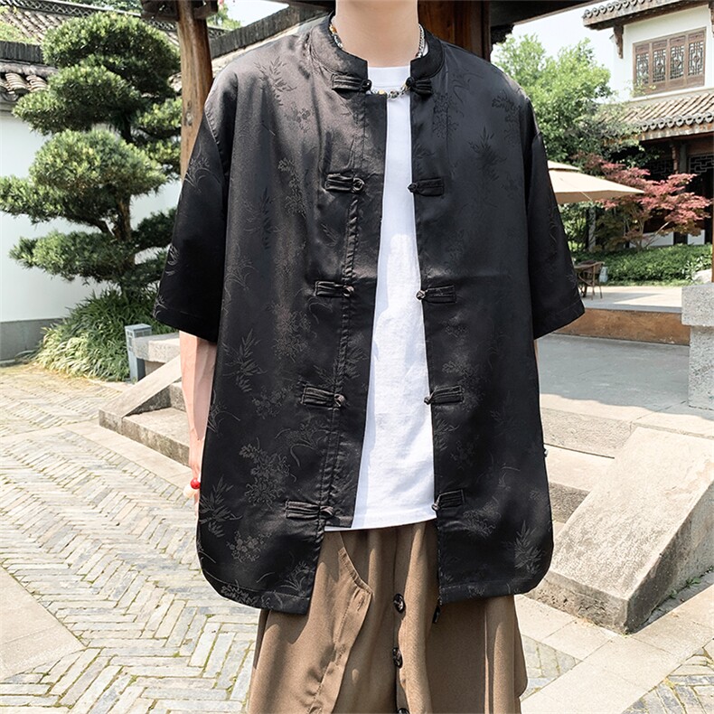 新中式外景夏季新款冰丝暗纹竹子提花上衣短袖T恤T2802-P65-控88,男装T恤,电商A021