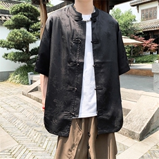新中式外景夏季新款冰丝暗纹竹子提花上衣短袖T恤T2802-P65-控88，男装T恤，电商A021