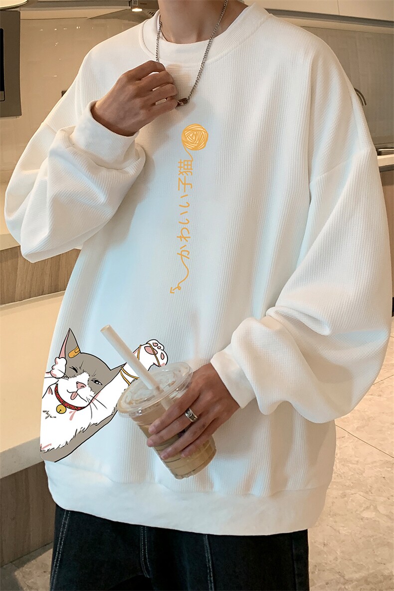 华夫格卫衣圆领卫衣男大码长袖t恤男外套HW76013-P30加绒款-P40,男装卫衣,电商A040