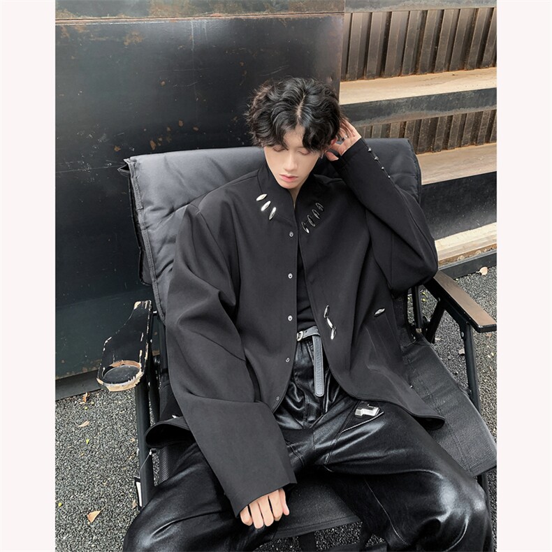 现货！24秋冬新中式设计感金属扣垫肩短款中山西服夹克XZ60-P135,男装夹克,电商B288
